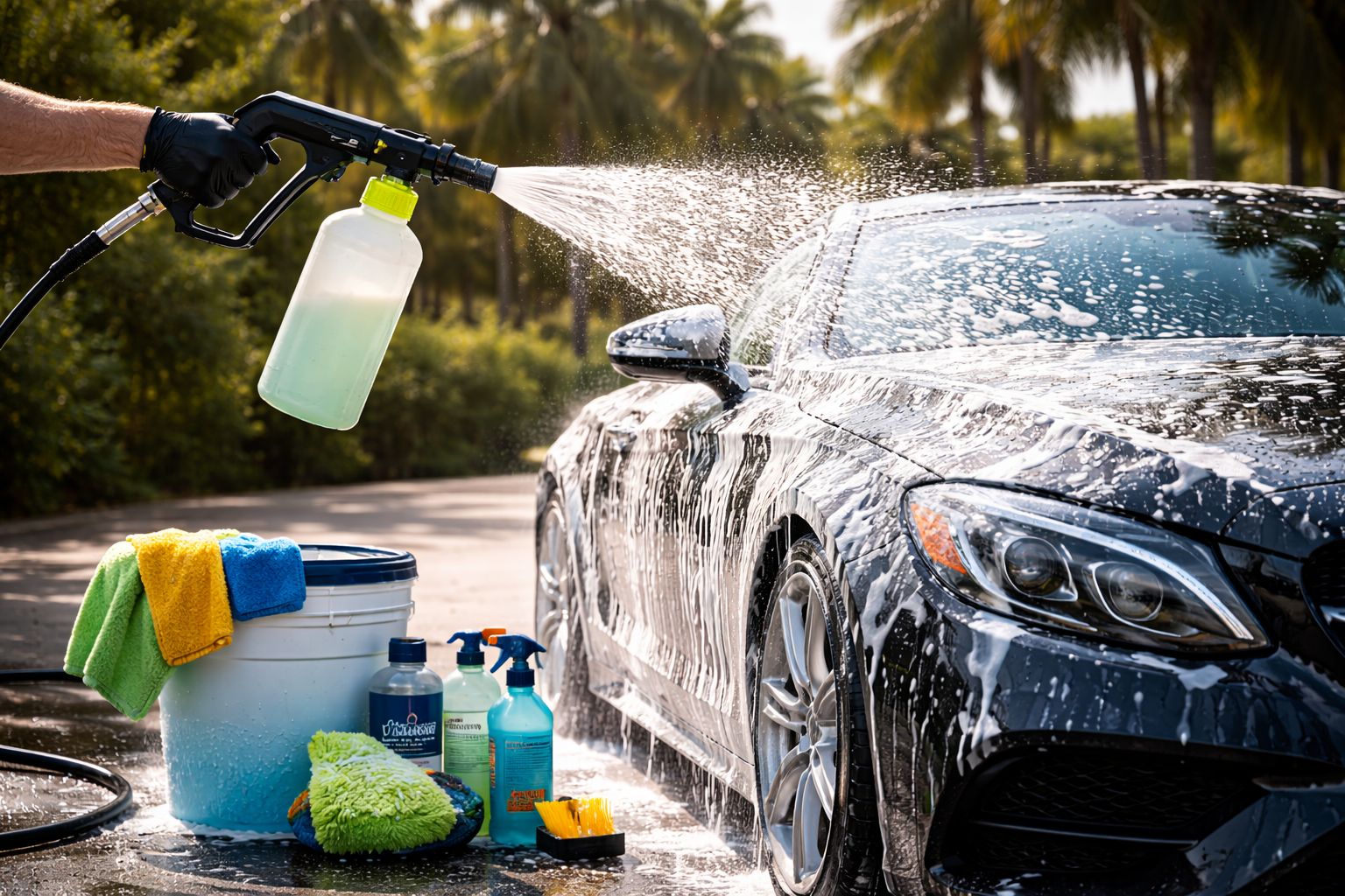 Professional exterior car detailing in Lake Nona, FL with foam cannon wash and paint-safe cleaning
