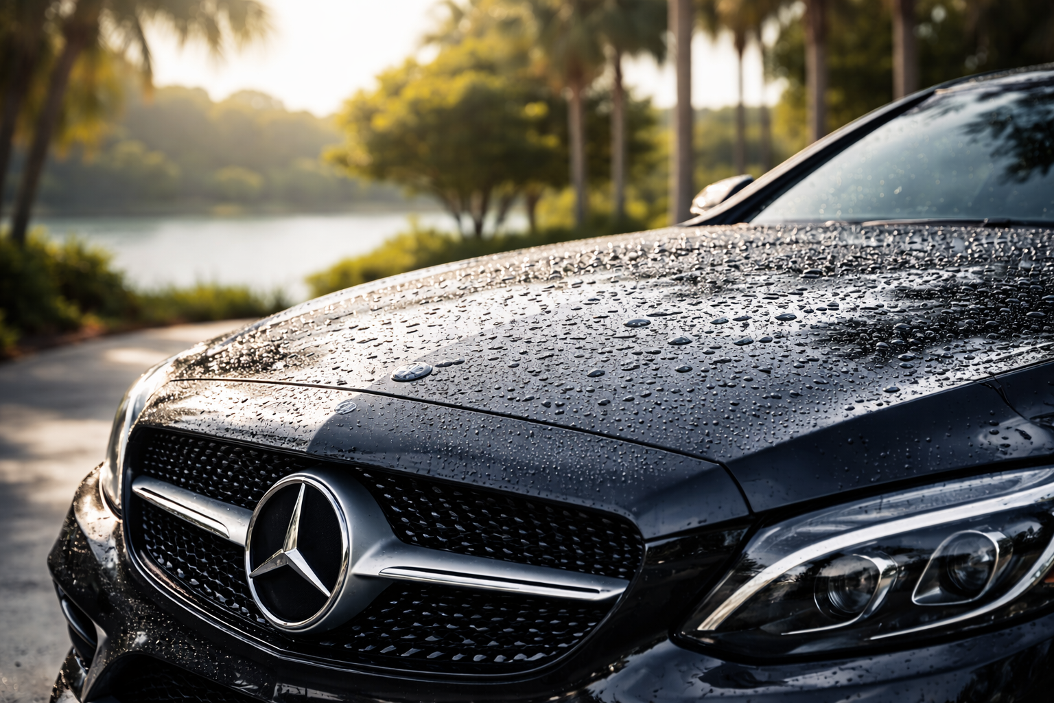 Luxury vehicle hood with water beading after professional mobile car detailing in Lake Nona, FL
