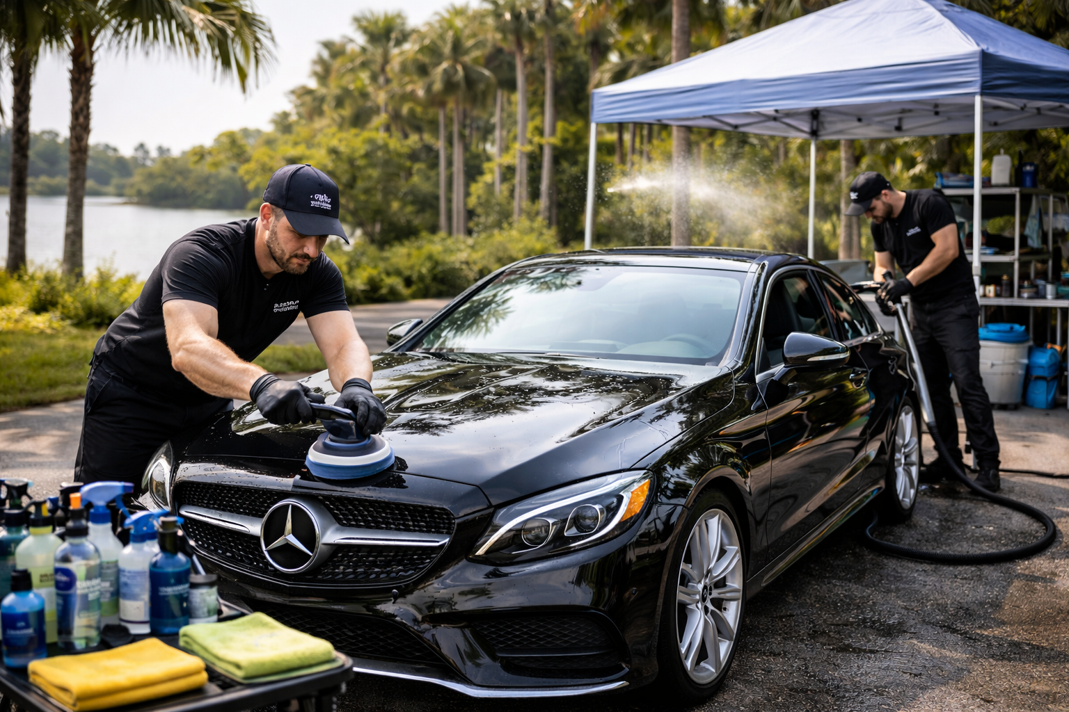 Professional mobile car detailing in Lake Nona, FL with exterior polishing and interior cleaning service